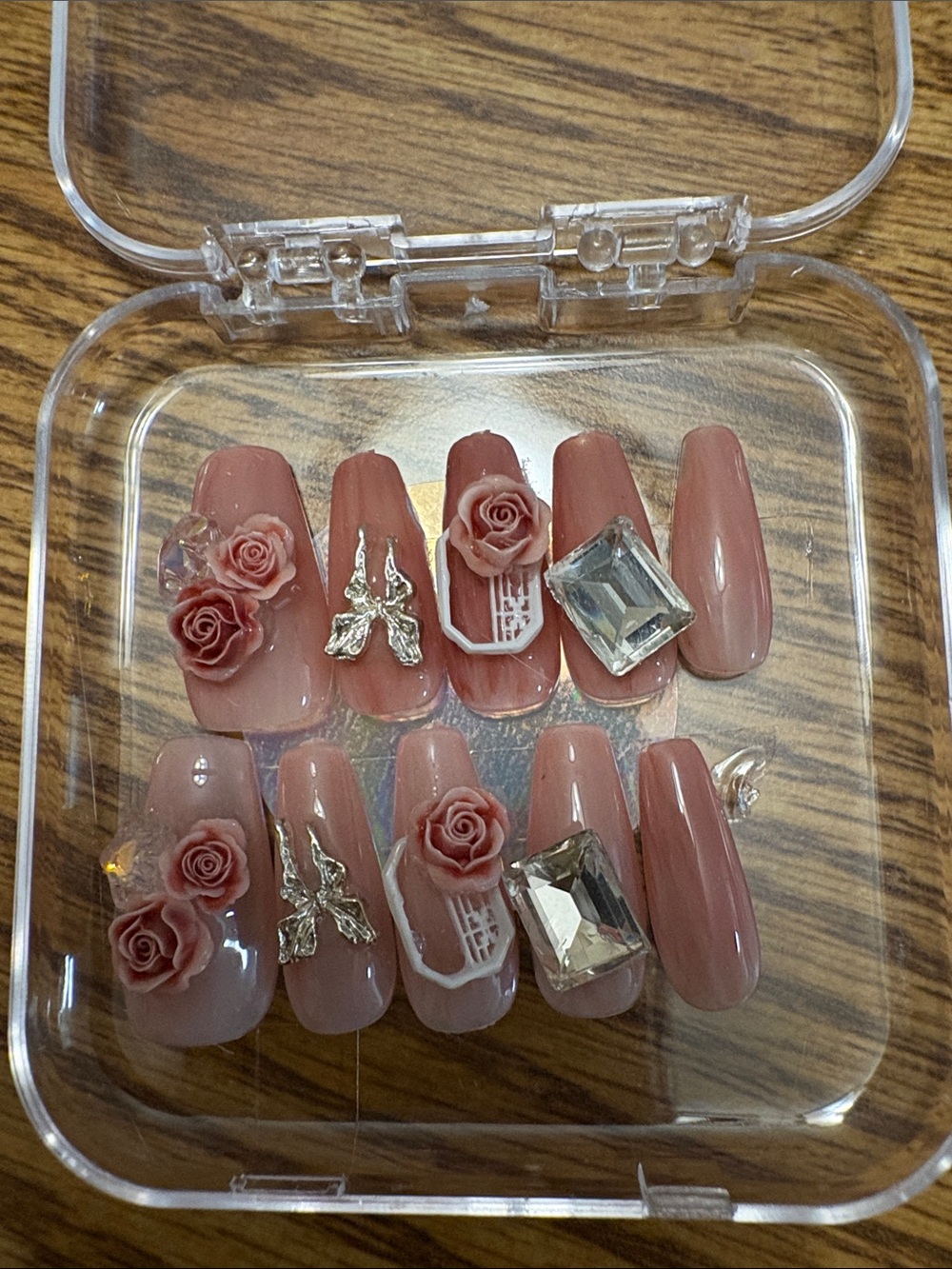 3D Rose & Gem Dusty Rose Press-On Nails – Elegant Pink Glam